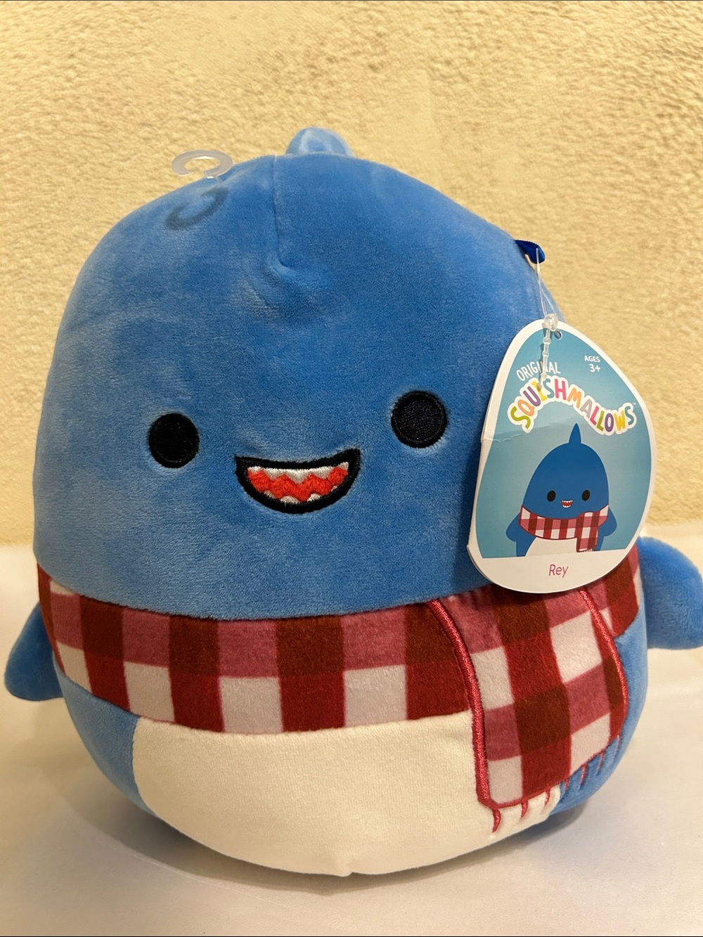 Squishmallows Rey Blue Plush with Red Plaid Scarf